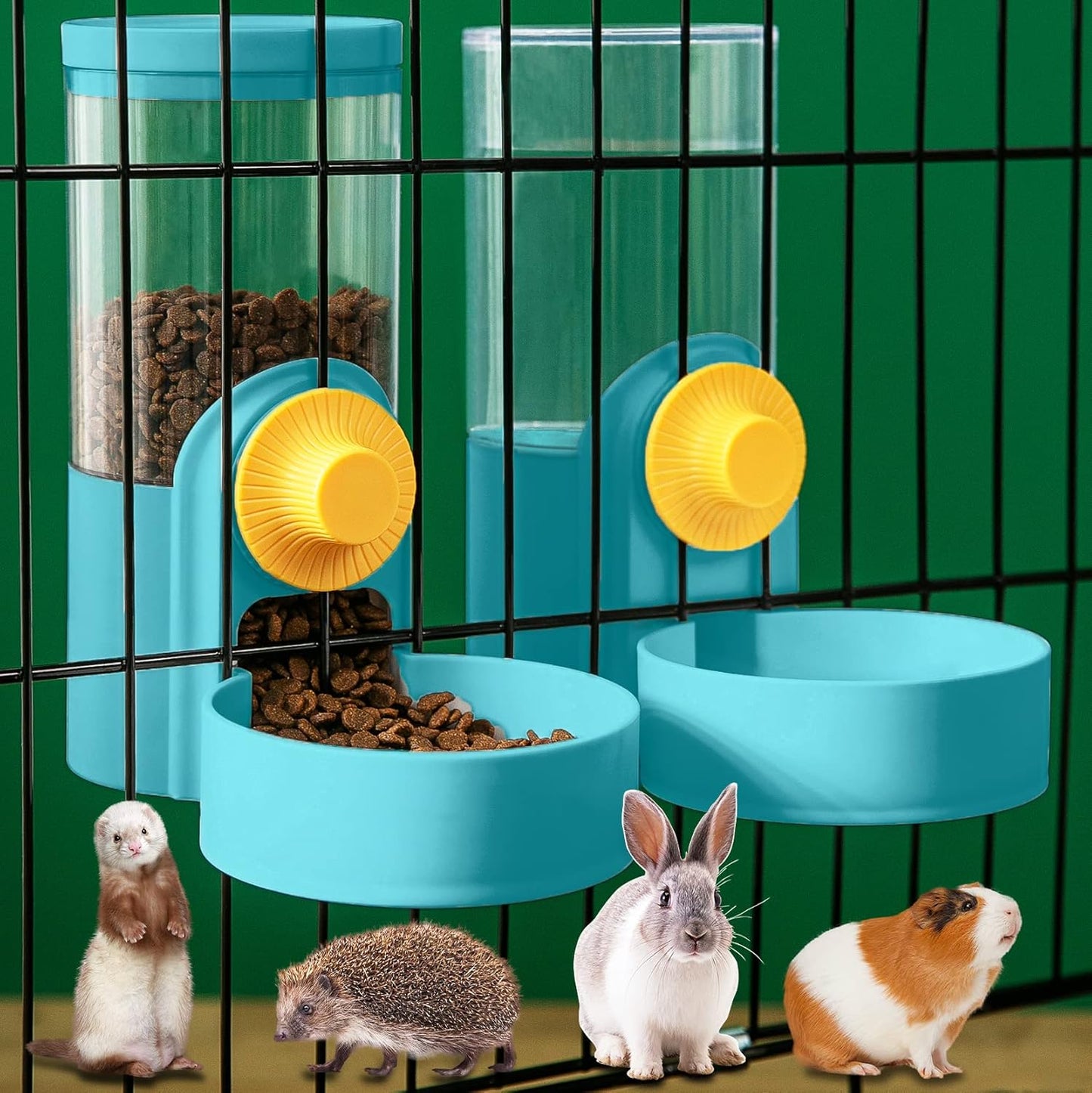 Kenond 40oz Hanging Automatic Rabbit Food and Water Dispenser, Dog Cage and Ferret Feeder, Gravity Cat Feeder Set, Cage Food Bowl for Bunny, Guinea Pig, Chinchilla (Green)