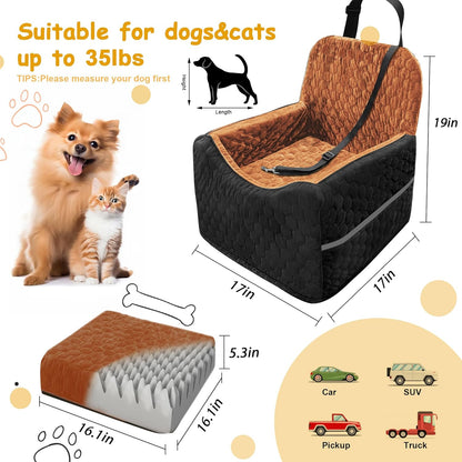 Dog Car Seat for Small/Medium Dogs, Memory Foam Dog Booster Seat, Travel Safety Per Car Seat with Washable Removable Cover, Storage Pockets for Dogs up to 35 lbs (Black/Red Brown, Small)