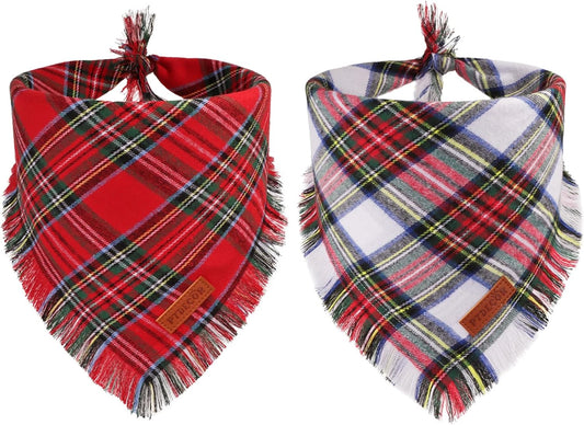 PTDECOR Christmas Dog Bandanas with Tassels Edges, Stylish Red White Plaid Scarf Bib, Premium Cotton Fabric, Reversible Triangle Xmas Bandanas for Extra Large Dogs (X-Large)