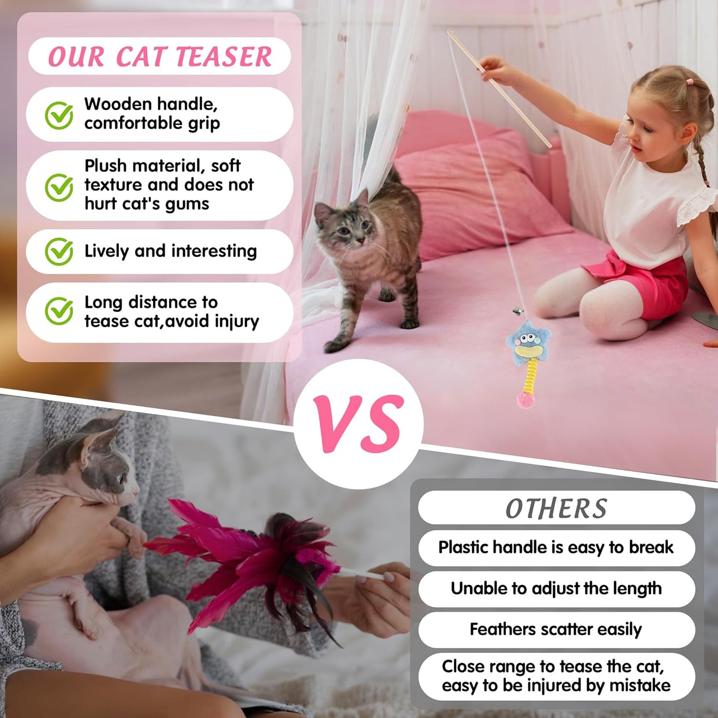 Elastic Cat Wand Toy Funny Interactive Plush Cat Fishing Pole Toy with Bell Soft Natural Wood Kitten String Toys for Indoor Cats Kittens Bored Cats (3 Pack)