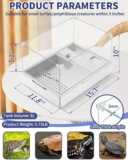 Large Turtle Tank Kit(Tank + Light + Water Pump), Acrylic Turtle Tank Starter Kit with Two Rain Shower Head, Adjustable Water Pump, Higher Fences (Kit-S)