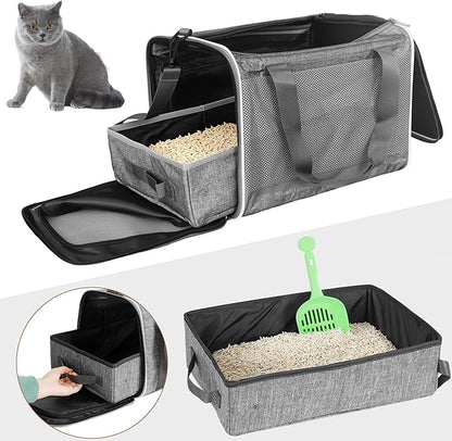 HiCaptain Cat Travel Carrier Bag with Litter Box, Portable Soft Cat Carrier Bag Lightweight Leak-Proof Collapsible Litter Box for Cats, Fits for Kitten up to 15 lb to Travel, Camping, Hiking, or Hotel