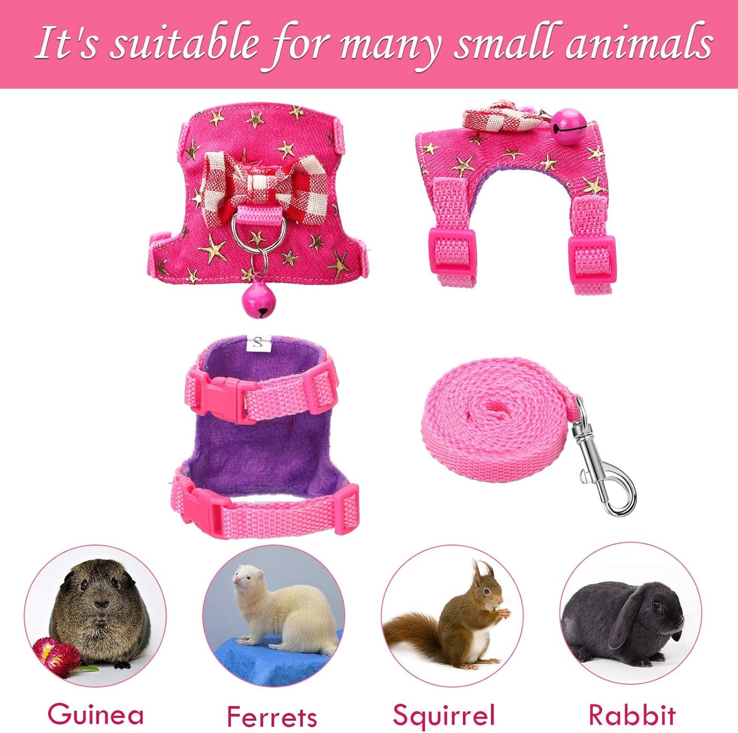 SATINIOR 2 Pieces Small Hamster Harness and Leash Set, Ferret Guinea Pig Clothes with Bowknot and Bell Decor, No Pulling Comfort Padded Vest Striped for Rats Bunny Rabbit Small Animals(S,Black, Pink)