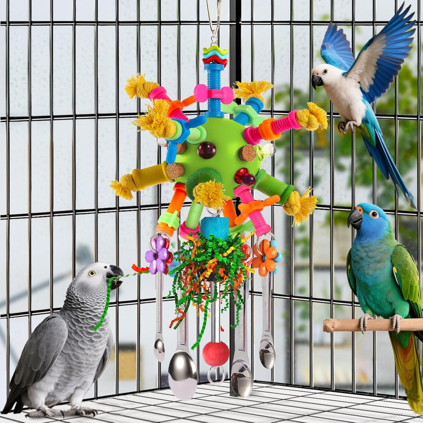 Parrot Toys Bird Toys Perch Pullable Stainless Steel Spoons Colorful Acrylic Stick Chew Toys for Amazons Mini Macaws African Greys Cockatoos Conures,Cockatiels,Lovebirds,Parrotlets and Other (green)