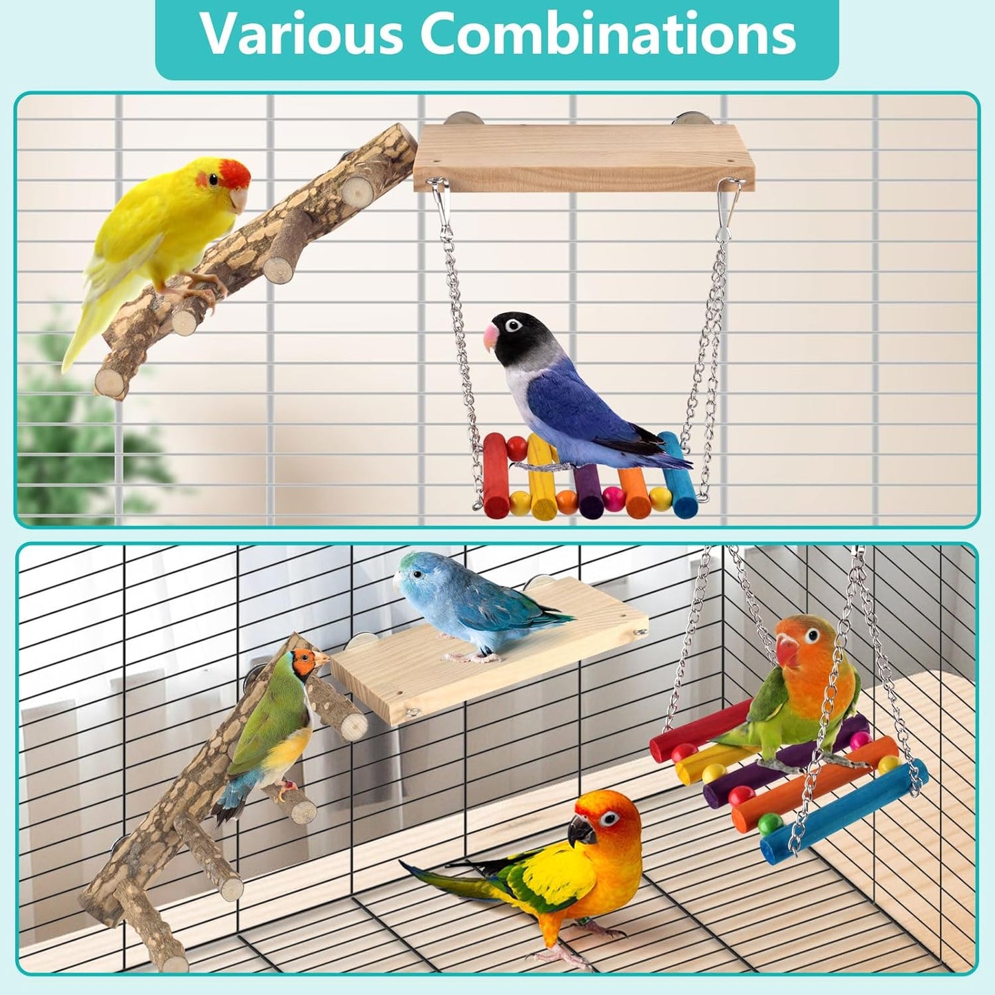 3in1 Bird Chewing Toys for Small Animal, Wooden Ladder Perch for Cage, Parrot Platform Colourful Swing Hammock Bridge Climbing Exercise Cage Accessories for Budgies Cockatiels Lovebirds Hamster