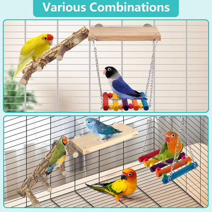 3in1 Bird Chewing Toys for Small Animal, Wooden Ladder Perch for Cage, Parrot Platform Colourful Swing Hammock Bridge Climbing Exercise Cage Accessories for Budgies Cockatiels Lovebirds Hamster