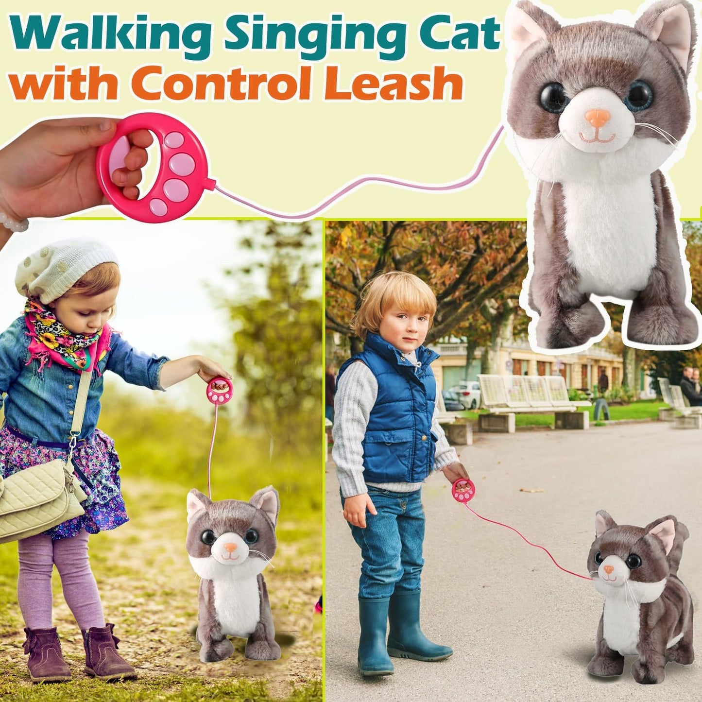 Gray Leash Walking Cat Set Singing That Purrs and Meows Animated Plush Robot Kitten Moving Plush Realistic Stuffed Animal Remote Control Cute Kawai Robotic Kitty Toy for Kid Girl Gift