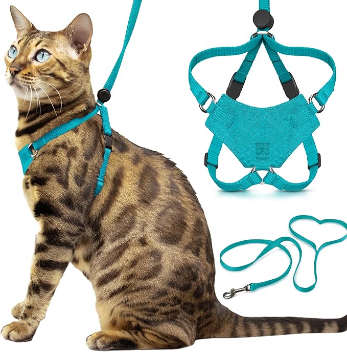 Houdini™ Escape Proof Cat Harness and Leash Set by OutdoorBengal – Turquoise, Large Cat Harness for Walking Big Cats