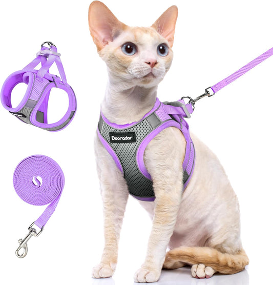 Dooradar Cat Harness and Leash Set, Escape Proof Lightweight Kitten Harness, Soft Breathable Reflective Vest for Outdoor Walking Traveling, Adjustable for Small Cats, Grey & Purple, S