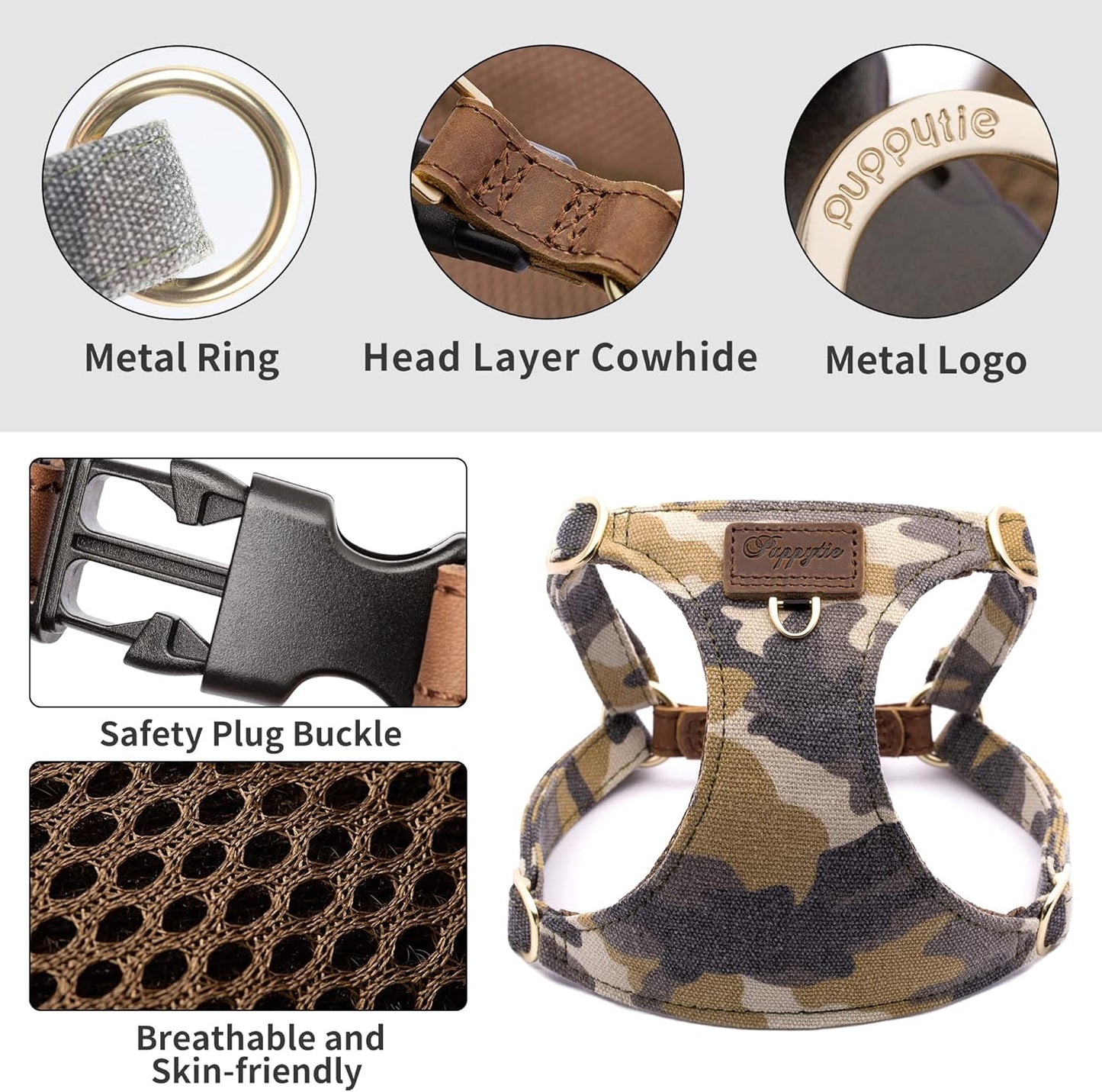 Puppytie Dog Harness & Multi-Function Leash Set for Medium Dogs (16lb-35lb), Camouflage Brown, M, No Pull, Easy Walk, Adjustable, Soft Dog Vest Harness, Fashionable Dog Accessories