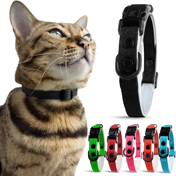 OutdoorBengal Durable Cat Collar Breakaway with Soft Padding for medium to large cats - Thin Heavy Duty Tactical Fabric, Comfortable, Quick Release Breakaway Cat Collars, No Bell Collar (Black, Adult)