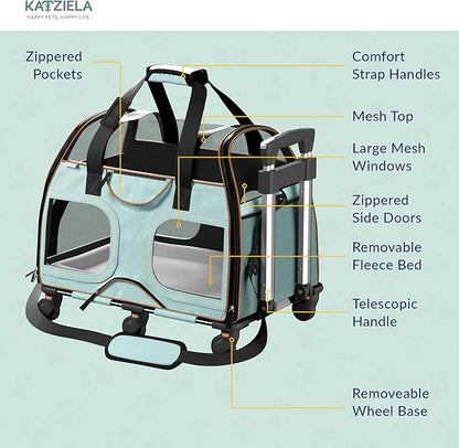 Katziela Pet Carrier - Airline Compliant Dog Carrier - TSA Approved Pet Carrier for Small Dogs and Cats - Soft FAA Travel Airplane Dog Carrier Luggage (Blue/Brown-6 Wheels)