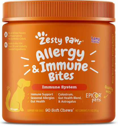 Zesty Paws Dog Allergy Relief- Dog Itching Skin Relief- Dog Probiotics for Itchy Skin and Itchy Ears- Dog Allergy Paw Relief- Dog Allergy Chews- Dog Itch Relief - Dog Skin Allergy Relief - Lamb - 90ct