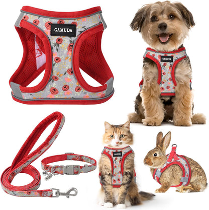 GAMUDA Small Dog Harness Collar and Leash Set, Step in No Chock No Pull Soft Mesh Adjustable Dog Vest Harnesses Plaid Reflective for Dogs Puppy Cats Kitten Rabbit (Red Flower, XS)
