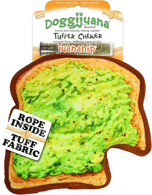 Doggijuana Tuffer Chewer Plush Dog Toy | Funny Dog Toy Plush with Juananip Catnip for Dogs | Calming Aid for Dogs | Interactive Squeaky Chew Toy for Play (Avocado Toast)