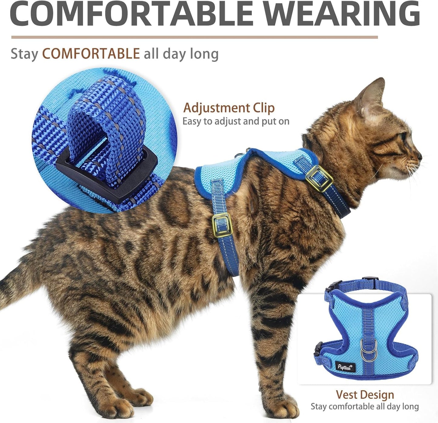 PUPTECK Cat Harness and Leash Set Escape Proof, Reflective Adjustable Soft Mesh Kitten Vest Harness for Walking Travel, Blue, M