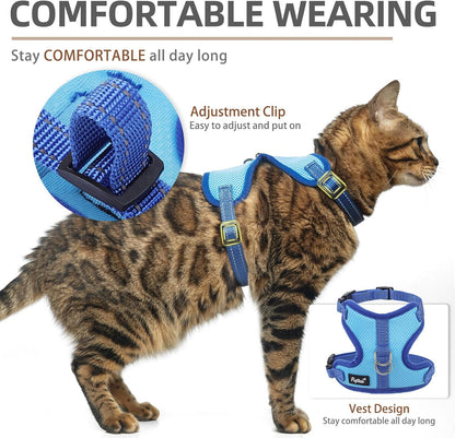 PUPTECK Cat Harness and Leash Set Escape Proof, Reflective Adjustable Soft Mesh Kitten Vest Harness for Walking Travel, Blue, S