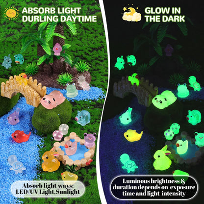 110PCS Mini Resin Animals Miniature Figures to Hide,Tiny Cute Figurines Glow in Dark, Little Animal Toys Small Accessories for Topper Desk Garden Dollhouse Landscape Aquarium Ornaments Crafts & Decor