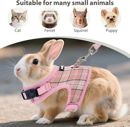 AIITLE Adjustable Bunny Harness & Leash Set - Soft Mesh Liner, Comfort Fit Plaid Pattern Vest with Magic Tape Design, Portable for Small Animal Pets Puppy Cat Rat Squirrel Ferret, Pink L