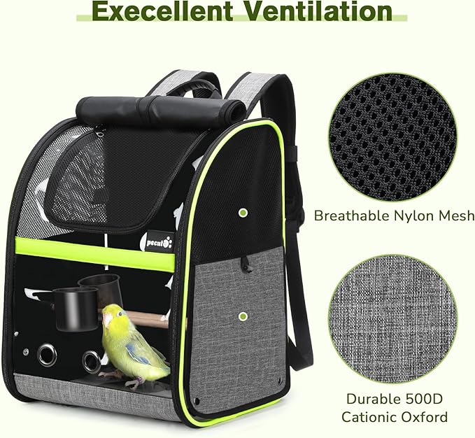Pecute Bird Carrier Backpack, Parrots Bird Backpack with Visible Window, Adjustable Height Standing Perch, Feeding Cans, Waterproof Pads, Lightweight Foldable Birds Travel Cage for Hiking Camping