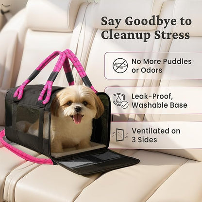 | TSA Airline Approved |Soft Sided Pet Carrier | Cat Carrier | Dog Carrier| Pets Up to 15 lbs | Leash & Luggage Strap | Black with Pink Handle