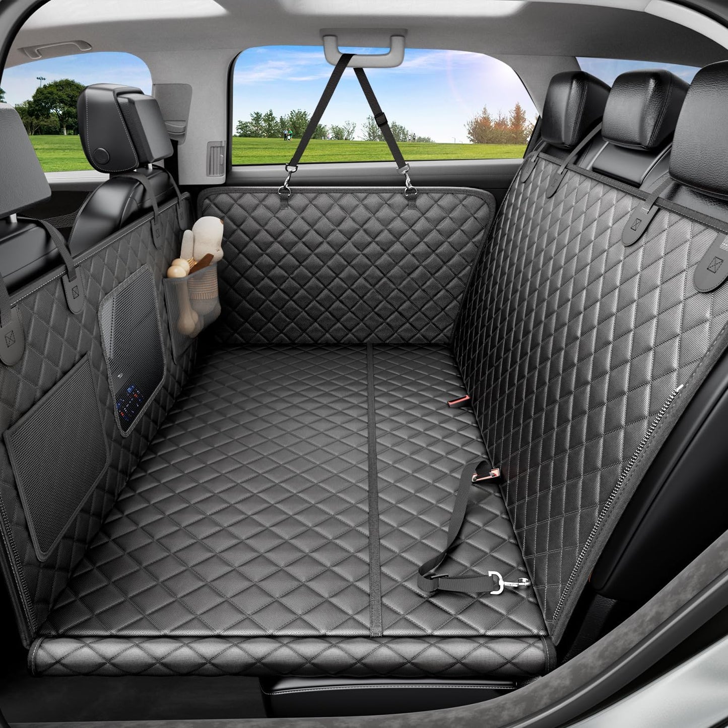 REEVAA Dog Car Seat Cover for Back Seat, Hard Bottom Dog Hammock, Pet Bed Extender for 2-4 Large/Medium Dogs, Waterproof Seat Protector, Universal L Size Fits for SUV Medium Truck, Black