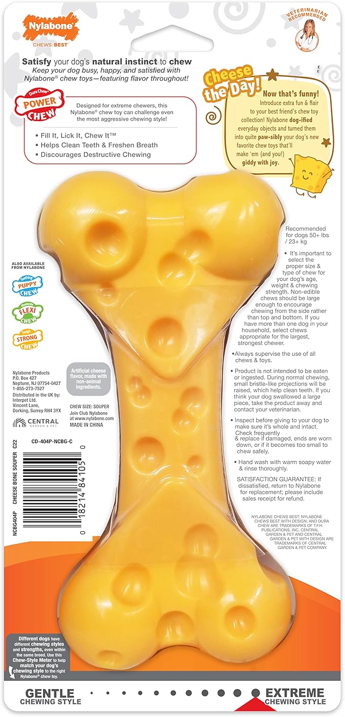 Nylabone Cheese Bone Power Chew Toy for Dogs, Cute Dog Toys for Aggressive Chewers, Cheese Flavor, X-Large Dogs - 50+ lbs, 1 Count