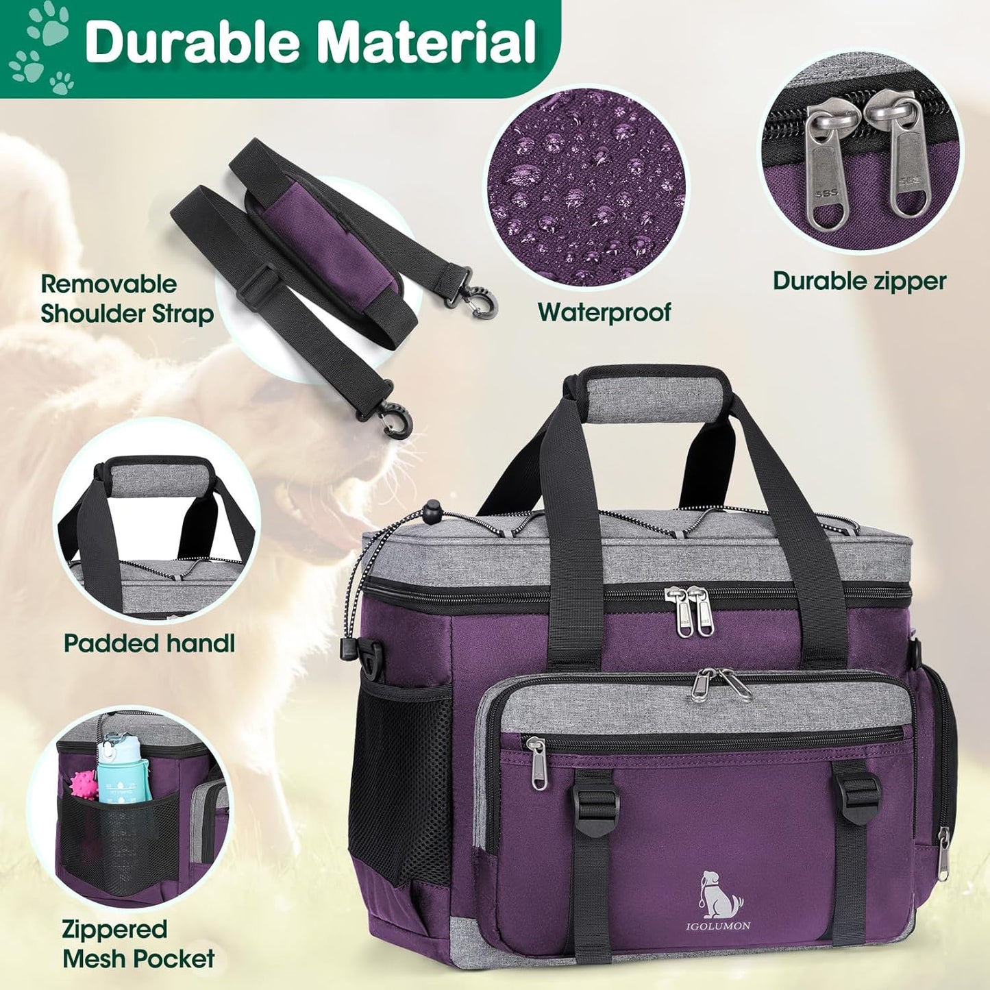 IGOLUMON Dog Travel Bag Large Pet Travel Bags Set for Supplies Weekend Travel Kit Tote Organizer Multi-Pockets Dog Food Travel Bag with 2 Large Food Containers, 2 Dog Bowls, 1 Feeding Mat, Purple