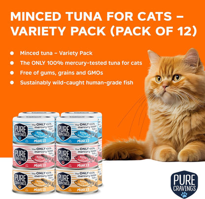 Pure Cravings Minced Tuna Wet Canned Cat Food, 100% Mercury-Tested, Moist Can Fish for Cats, Grain-Free, Protein, Non-GMO, Variety Pack, 3oz, Pack of 12