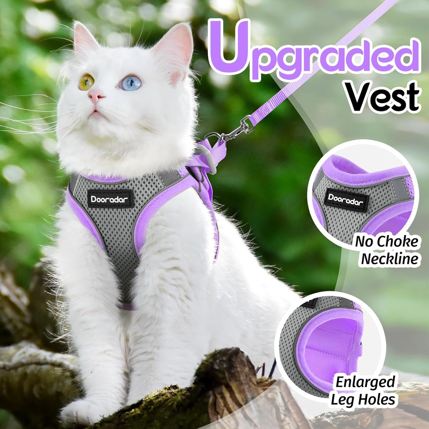 Dooradar Cat Harness and Leash Set, Escape Proof Lightweight Kitten Harness, Soft Breathable Reflective Vest for Outdoor Walking Traveling, Adjustable for Small Cats, Grey & Purple, S