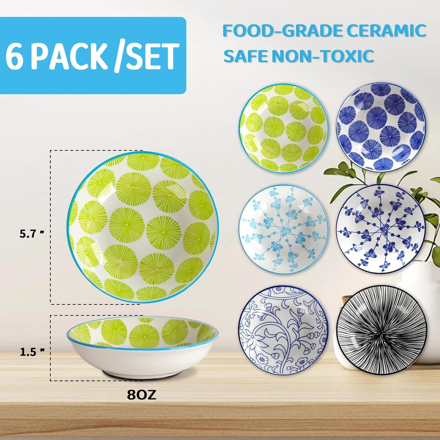 Ceramic Cat Bowls with Non-Slip Silicone Bottom,Prevent Whisker Fatigue,Reduce Mess,Wide Cat Bowls for Indoor Cats,6 Colorful Set for Daily Feeding Gift Choice