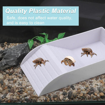 Tortoise Food Dish with Ramp, Plastic Reptile Water Bowl, Tortoise Water Pool, Reptile Climbing Ramp for Turtles Lizards, 13.98"x7.87"x2.36", White