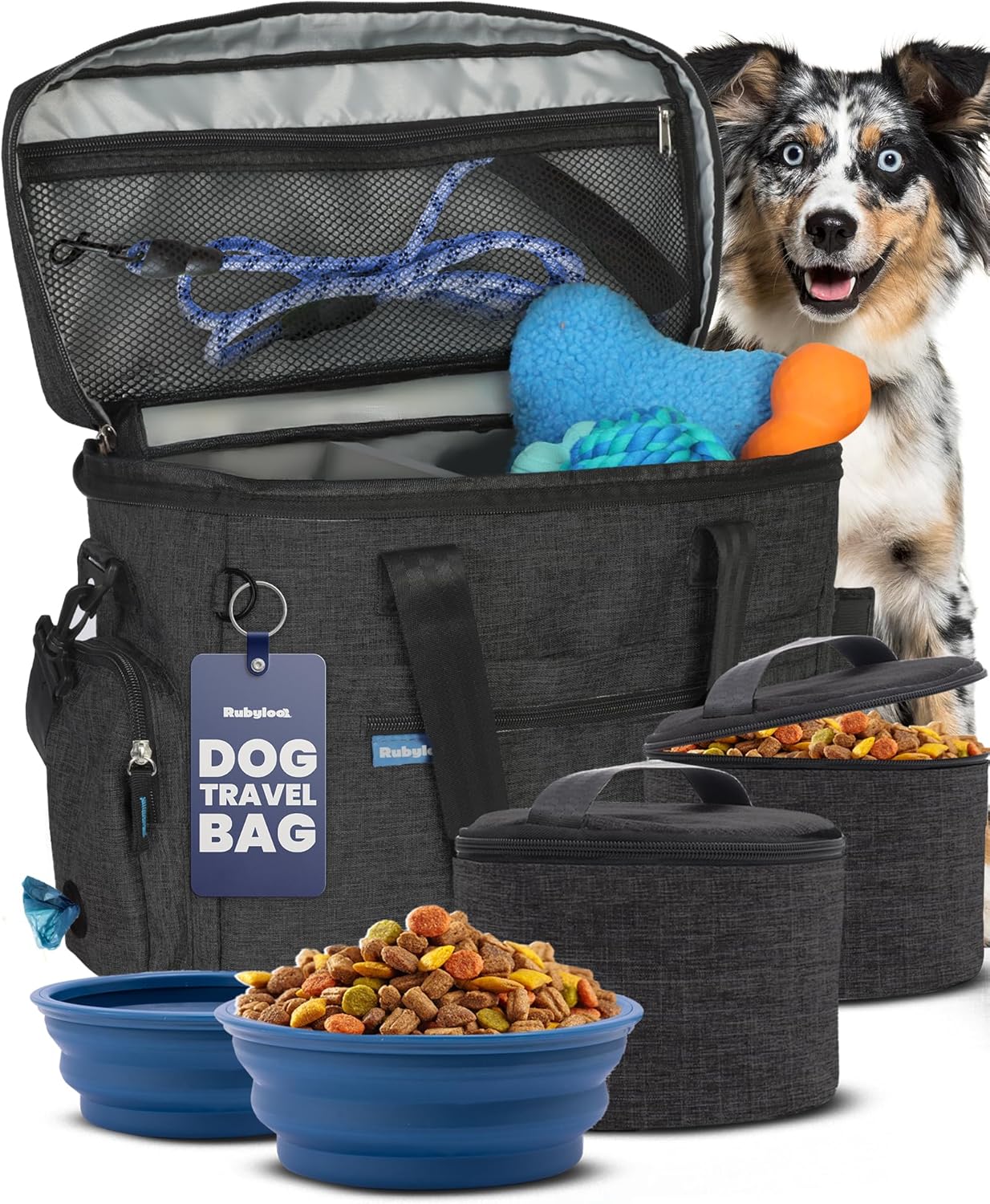 The Original Doggy Bag™- Dog Travel Bag for Supplies - Ultimate Gift for Dog Moms & Dads, Doggy Lovers & Pet Owners for Christmas- Includes 2 BPA-Free Travel Bowls and 2 Food Containers: Charcoal