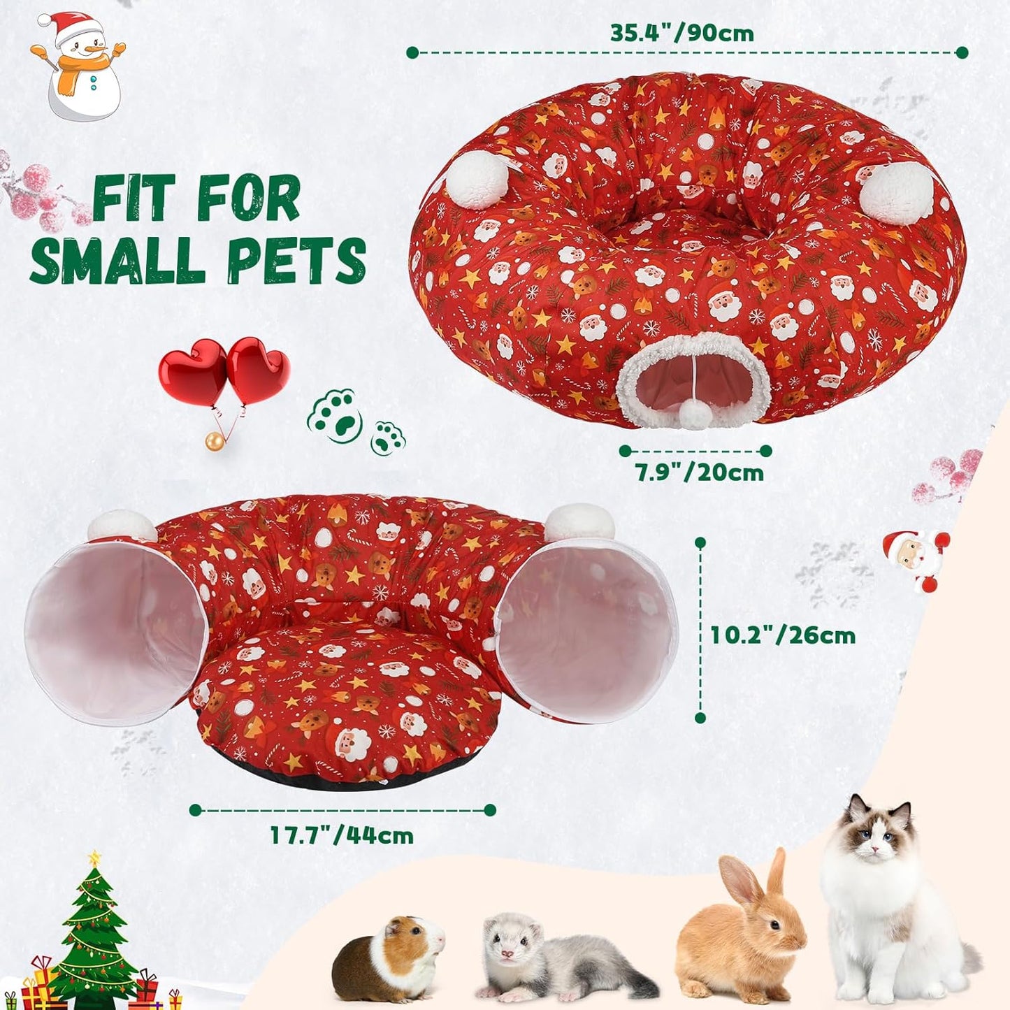 Cat Tunnel Christmas Tree Skirt Cat Tunnel Bed for Indoor Cats Play Donut Tunnel Toys S Shape for Rabbit Ferret (Red)