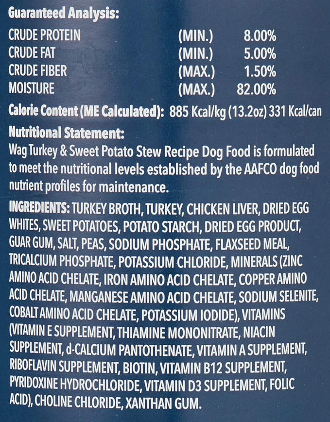 Amazon Brand - Wag Stew Canned Dog Food, Turkey & Sweet Potato Recipe, 13.2 oz Can (Pack of 12)