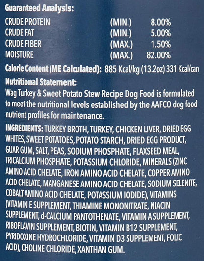 Amazon Brand - Wag Stew Canned Dog Food, Turkey & Sweet Potato Recipe, 13.2 oz Can (Pack of 12)