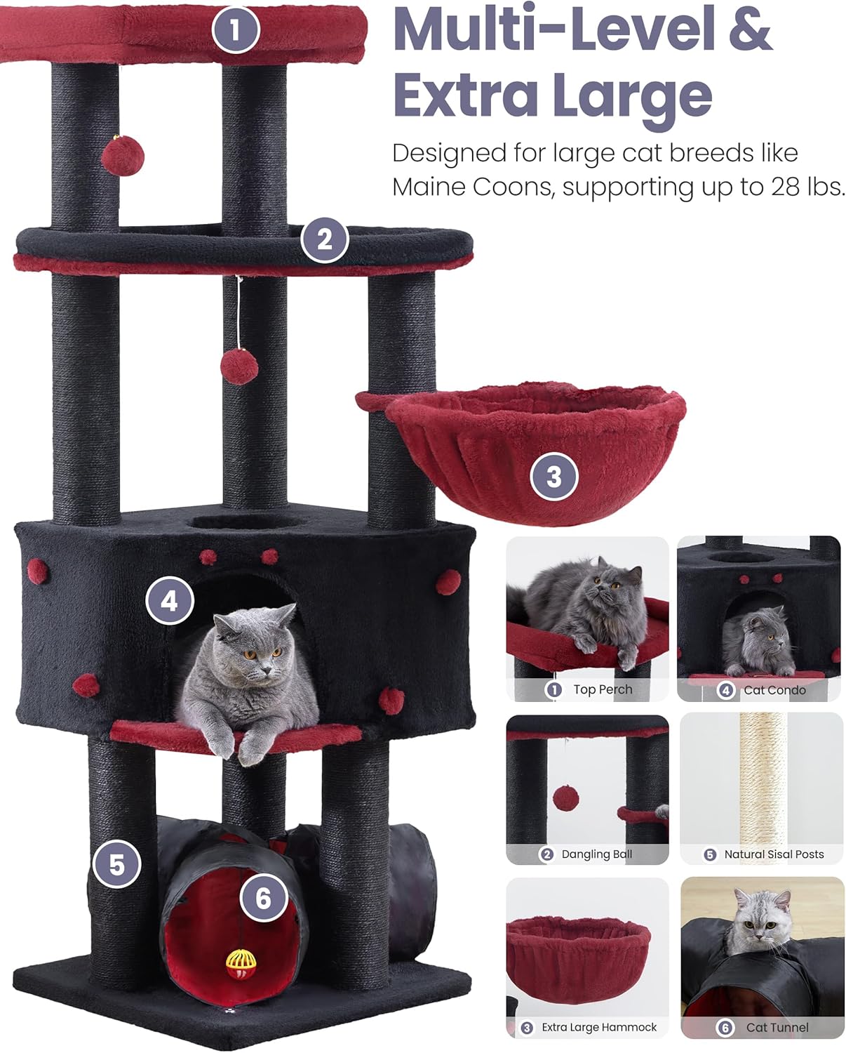 Cat Tree Tower for Indoor Cats Large Adult - Heavy Duty Extra Wide Scratching Post (φ4.4in) Maine Coon Condo House with Hammock Tunnel - 60 Inch XL Feline Bed Trees - Big Multi Level Cat Houses Stand