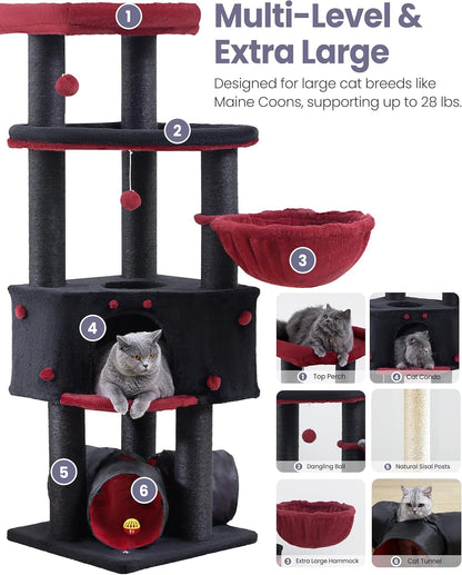 Cat Tree Tower for Indoor Cats Large Adult - Heavy Duty Extra Wide Scratching Post (φ4.4in) Maine Coon Condo House with Hammock Tunnel - 60 Inch XL Feline Bed Trees - Big Multi Level Cat Houses Stand