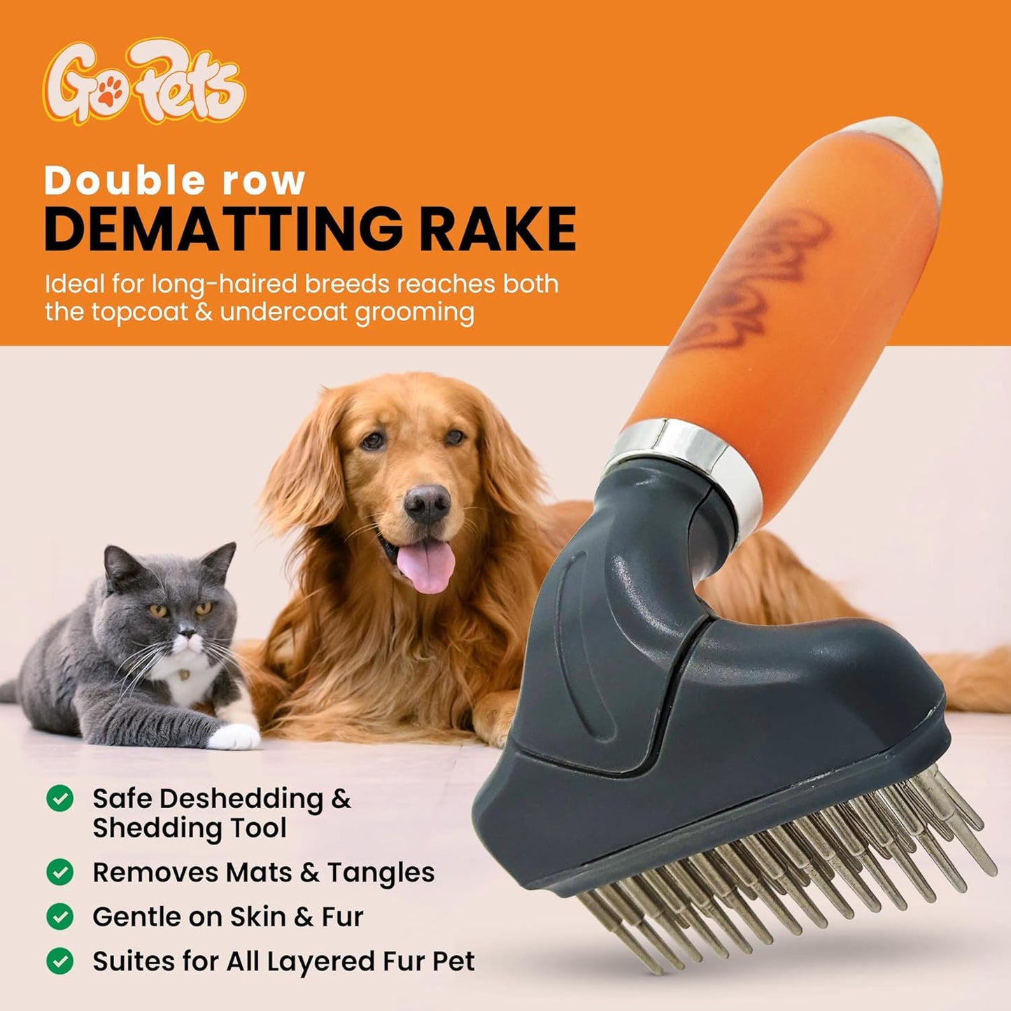 GoPets Double Row Dematting Rake Undercoat Deshedding Tool for Dogs and Cats, Dog Brush for Shedding and Grooming, Long Hair Pet Grooming Brush for Mat Removal, Detangling, and Shedding Control