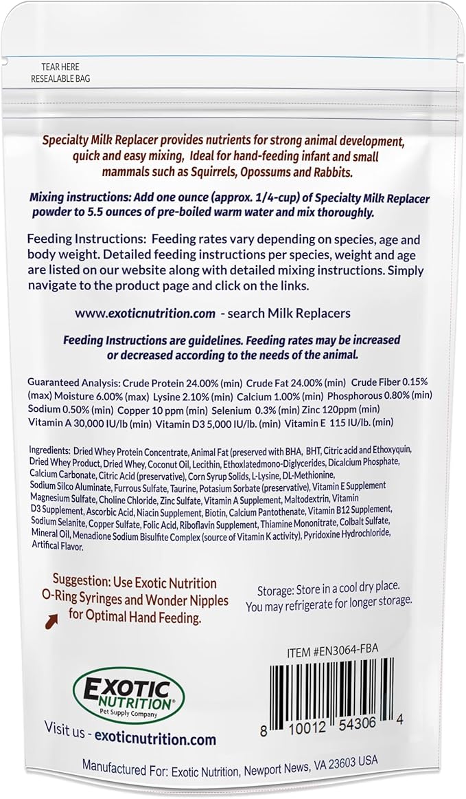 Exotic Nutrition Specialty Milk Replacer 8.8 Oz - - Healthy Powdered Formula - Ideal for Squirrel, Rabbit, Opossum, Raccoon