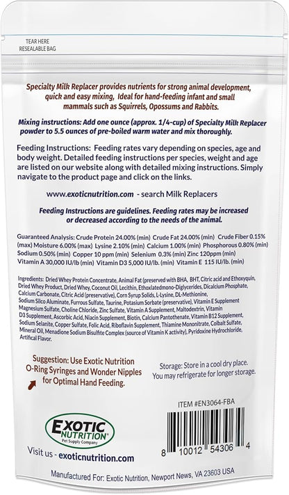 Exotic Nutrition Specialty Milk Replacer 8.8 Oz - - Healthy Powdered Formula - Ideal for Squirrel, Rabbit, Opossum, Raccoon