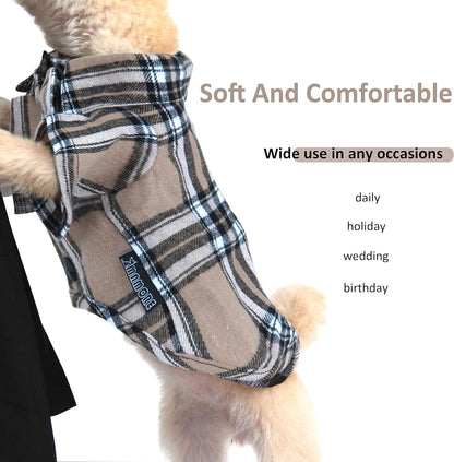 Soft Casual Dog Plaid Shirt,Gentle Western Pet Clothes, Dog Cotton Shirt with Bow Tie for Wedding,Christmas Costumes (X-Small, Dark Khaki)
