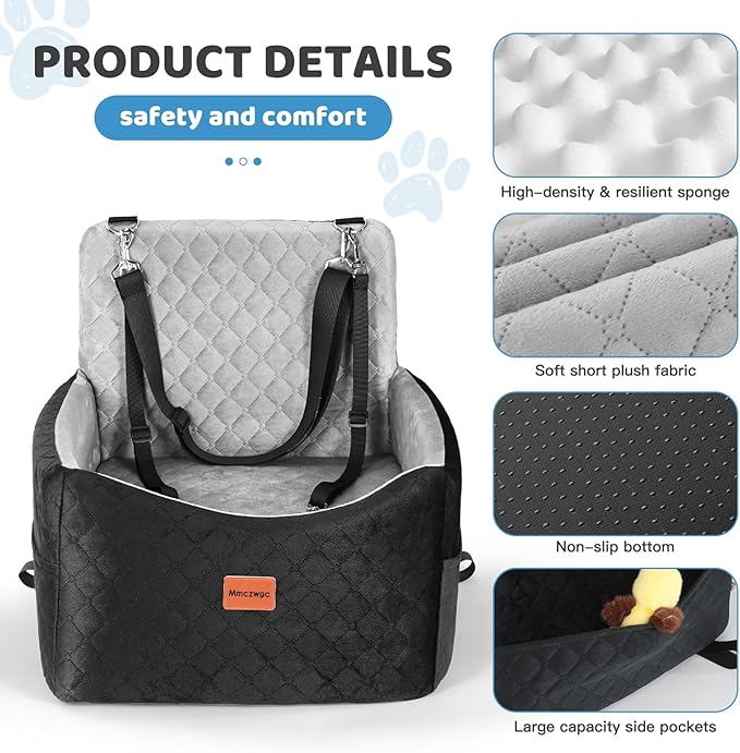 Dog Car Seat for Small/Medium Dogs Under 35 lbs – Pet Booster Seat with 6-inch Memory Foam, Dog Car Bed with Removable and Washable Cover, 2 Safety Belts and 2 Storage Bags