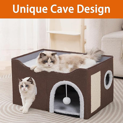 Cat Houses for Indoor Cats - Large Cat Bed Cave with Scratch Pad and Fluffy Ball, Foldable Cat Condo Hideaway with Reversible Cushion for Multi Small Pet，Brown