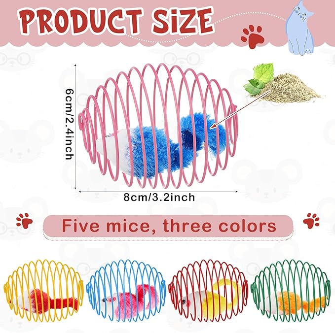 Jecery 5 Pcs Halloween Cat Spring Balls Toys Stretchable Rolling Balls Colorful Playful Coils Interactive Spring Action Toy Caged Rats for Kitten Cat Pet Supplies(Catnip Rats,Bright Color,5 Pcs)