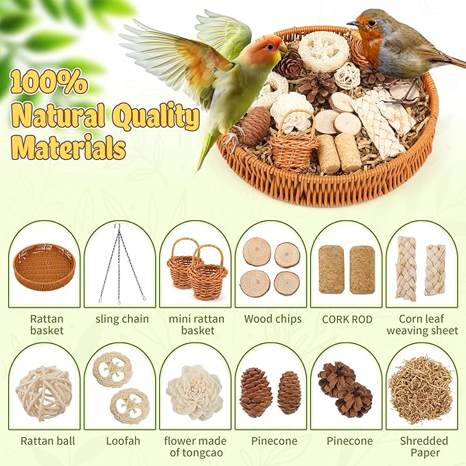 Natural Bird Toy Rattan Bird Foraging Box Parrot Shredding Toys Box Conure Chewing Toys for Cockatiel Lovebird Parakeet Budgie(Round 9.84inch)