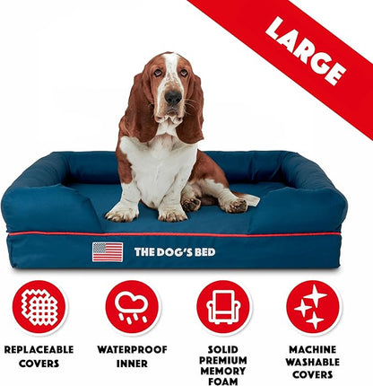 The Dog’s Bed, Large Blue Oxford with Red Trim USA Flag Dog Bed Memory Foam, Pain Relief: Arthritis, Post Surgery, Lameness, Supportive, Calming, Waterproof Washable Cover