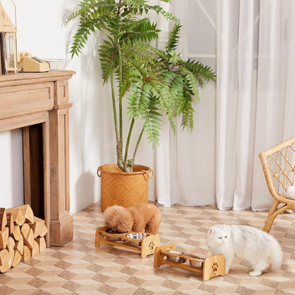 X-ZONE PET Elevated Dog Bowls for Cats and Dogs, Adjustable Bamboo Raised Dog Bowls for Small Dog, Food and Water Set Stand Feeder with 2 Stainless Steel Bowls and Anti Slip Feet (Height 4" to 4.5")