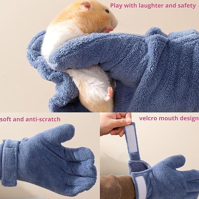 Hamster Calming Bite Proof Glove and Grooming Brush set, Brush for Hamster Cage, Hamsters Gloves, Calming Glove and Brush for Ferret Hedgehog Chinchilla Guinea Pig, Hamsters Care Kit (Dark Blue)