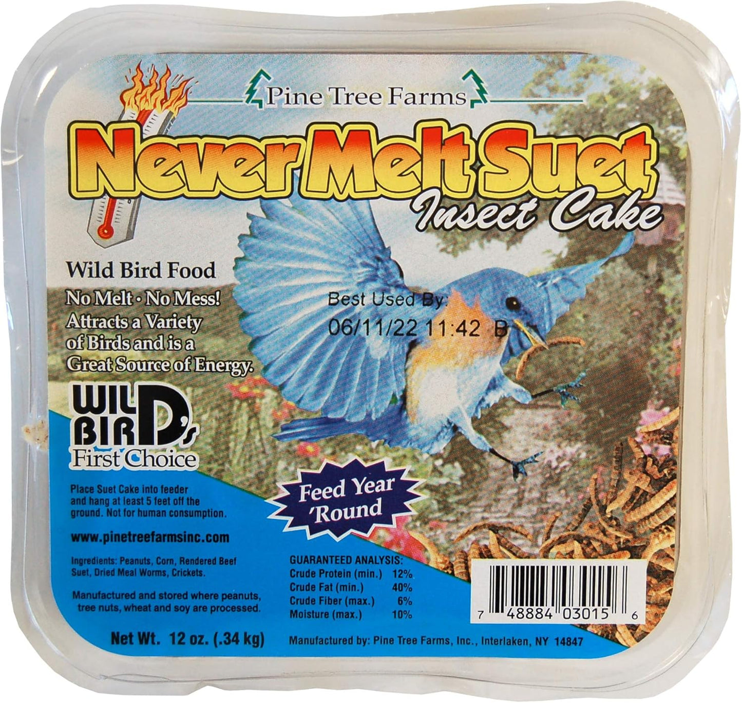 Pack of 24 Pine Tree Farms Never Melt Insect Suet Cakes, 12 oz Each | Wild Bird Food with Mealworms & Crickets | High-Energy Suet for Summer & Winter Feeding | Fits Standard Suet or Platform Feeders